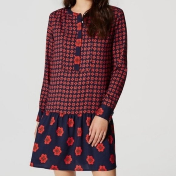LOFT Dresses & Skirts - LOFT Red and Blue Abstract Floral Dropped Waist Dress Size Sp